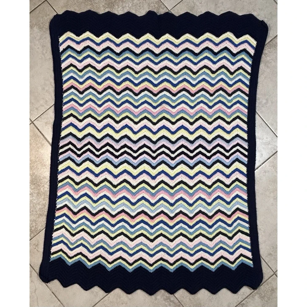 VTG Crocheted ‎ 70's Chevron Afghan Throw Blanket Blue Pink & Yellow 56